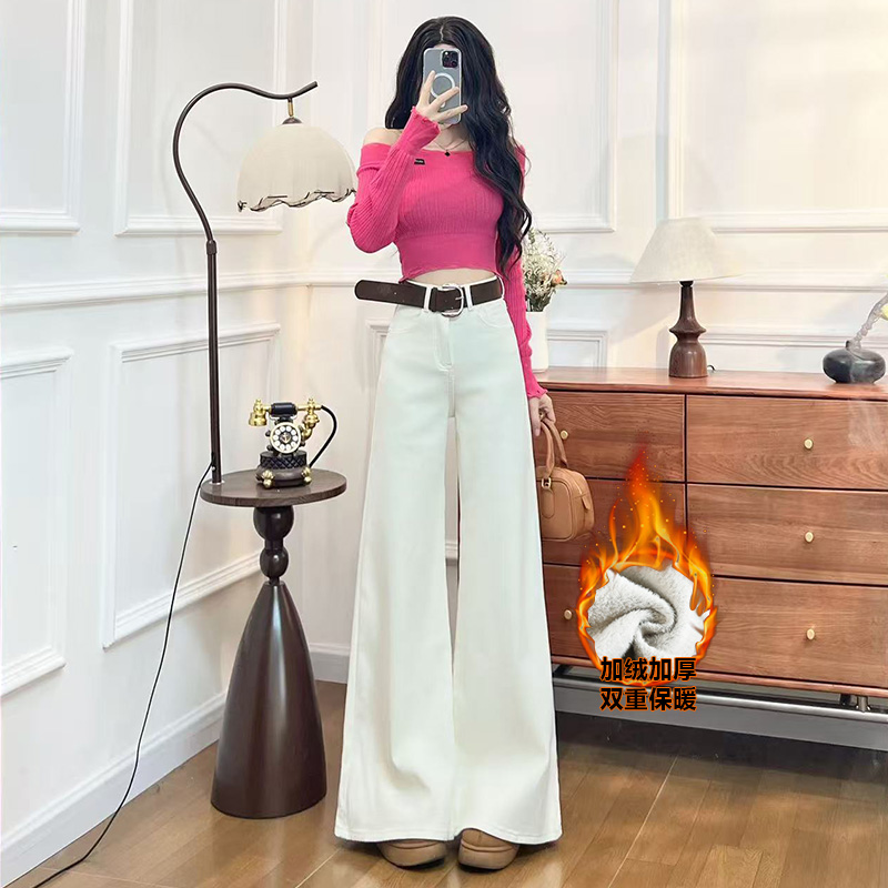 加绒阔腿喇叭牛仔裤女秋冬季2025新款潮流高级香杏色直筒裤子