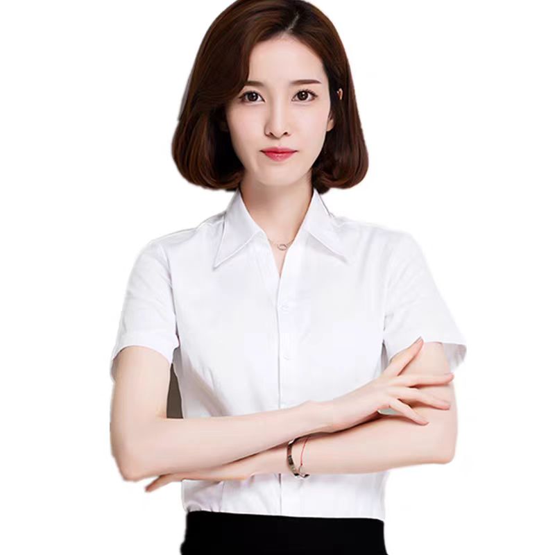1217白色V领职业装夏季短袖成人正装透气韩版女衬衫