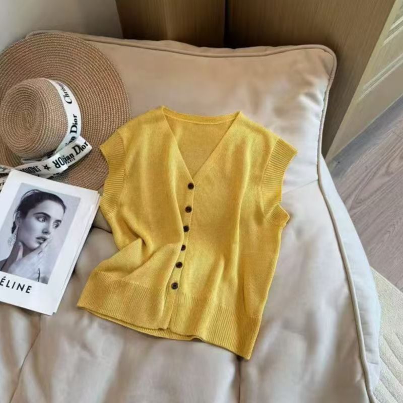 【Barbie Jingni】1885 夏季简约纯色单排扣V领针织短袖气质百搭