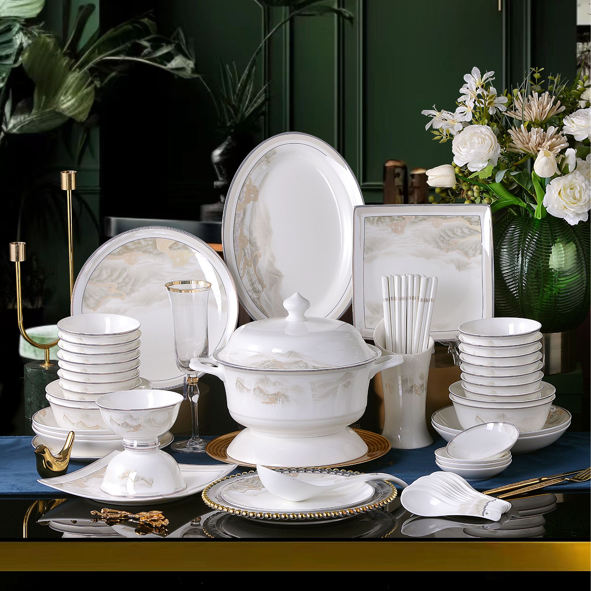 【锦绣山河】86件山水骨瓷餐具景德镇高颜值家用送礼年货碗碟套装