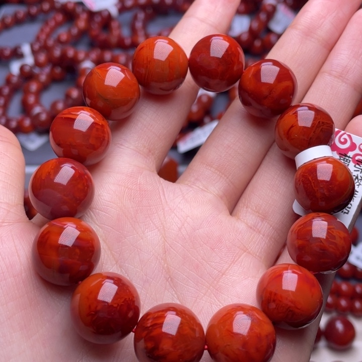 南红玛瑙未镶嵌其他15mm高品瓦西火焰纹满肉圆珠手串