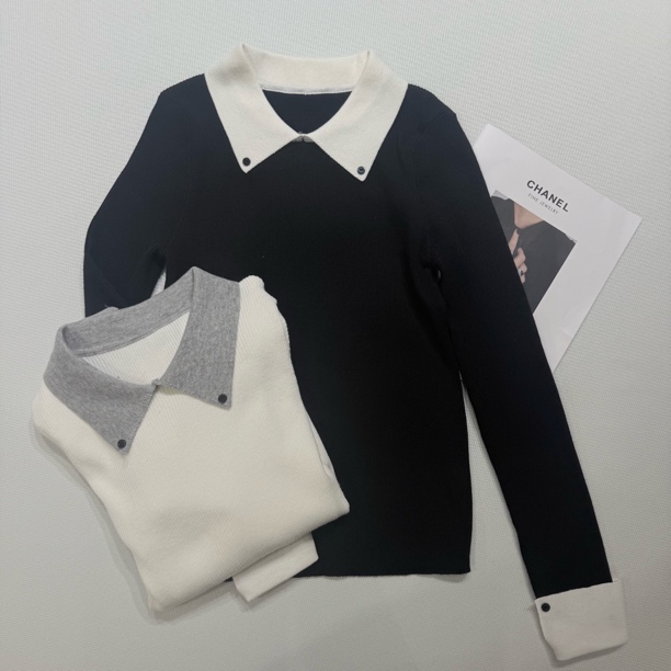 KW【雾白清秋】南油欧货设计师款女装修身型POLO领套头毛针织衫上衣