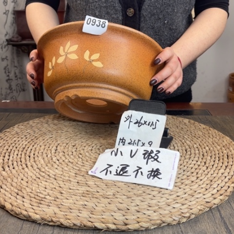 紫砂花盆微微瑕柴烧玉兰手绘大碗0938