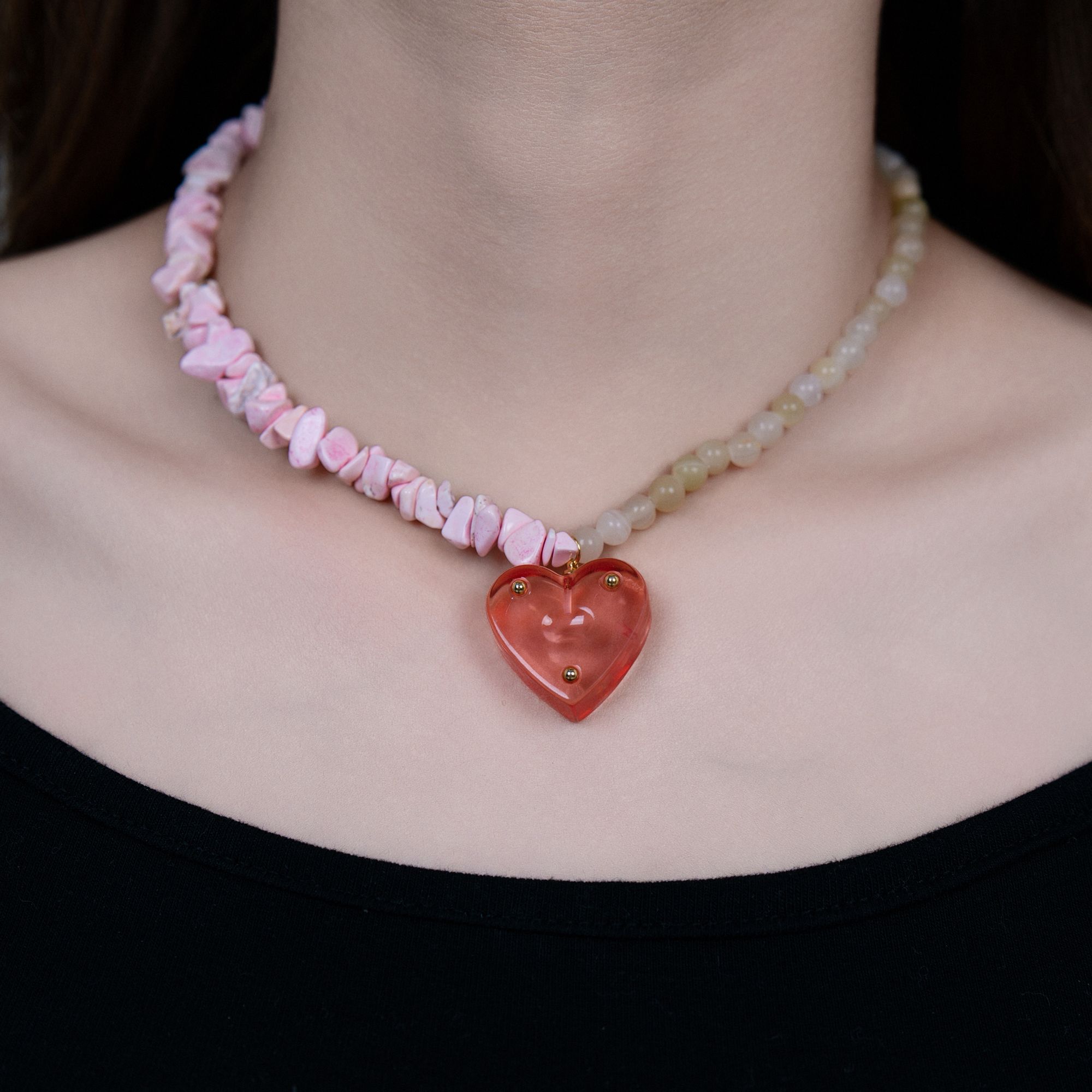 非金属仿水晶耳饰 心形锁骨链 多巴胺彩色爱心果冻吊坠松石元素