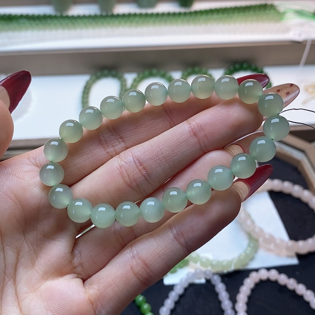 和田玉手链未镶嵌冰晴水一线猫卡八