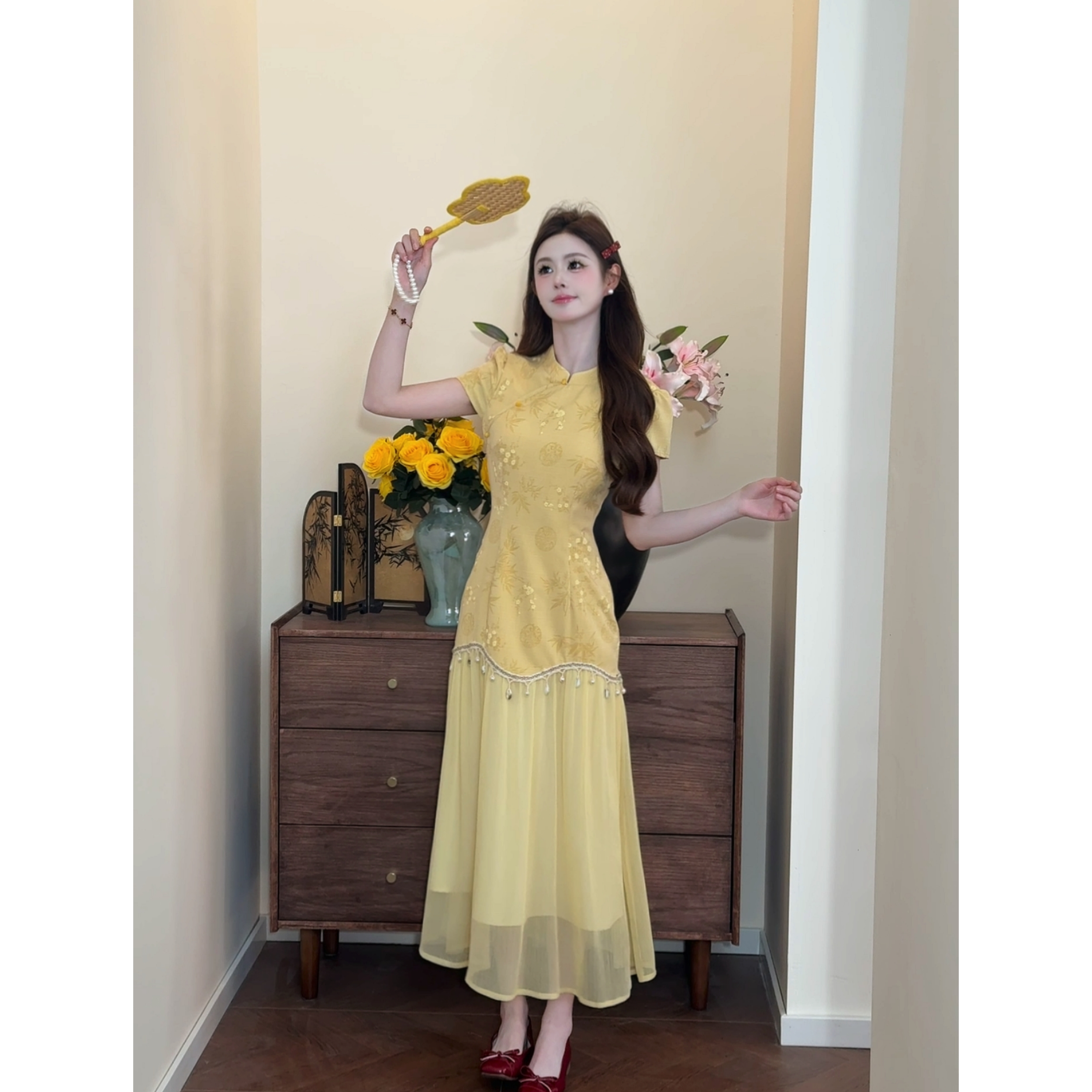 七七很芒【月桂】新中式印花拼接假两件旗袍夏季黄色连衣裙XMZH7516