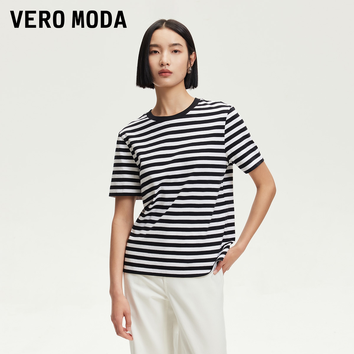 Vero ModaT恤2025夏季新款纯棉宽松正肩设计百搭条纹千金贵系