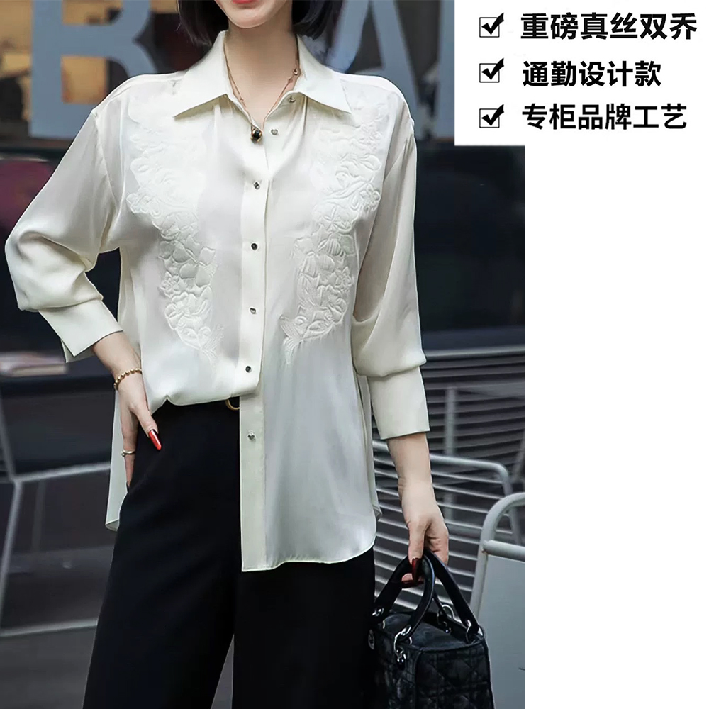 重磅真丝双乔气质减龄重工立体手工绣花桑蚕丝衬衫上衣ZKB22奶白