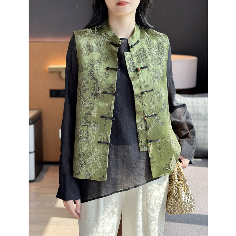 左左家 新中式老钱风~高级贵气立领盘扣复古人丝提花国风马甲外套
