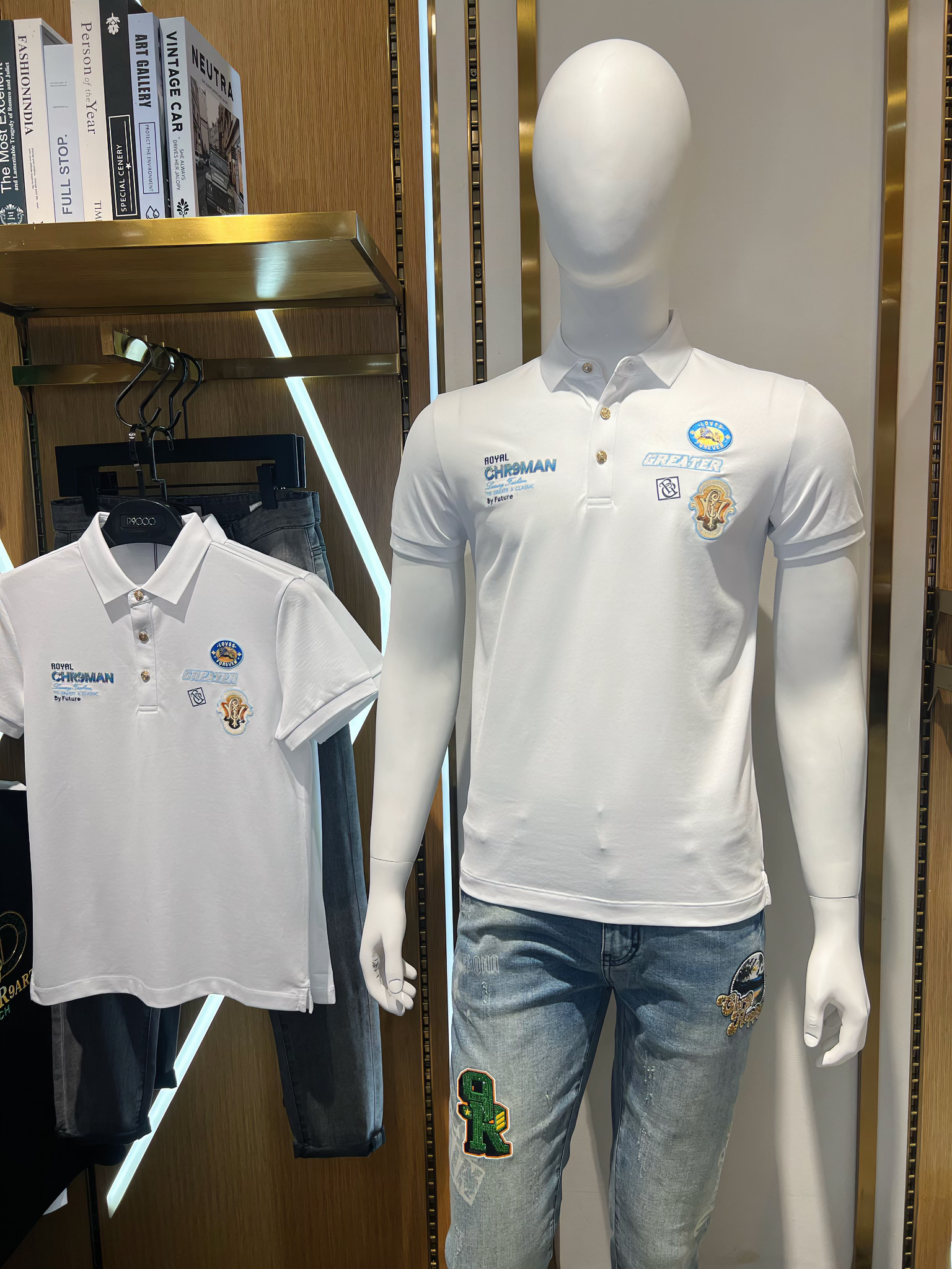 R9000男装2025年新款重工刺绣幻彩刻字膜白色翻领短袖53025291