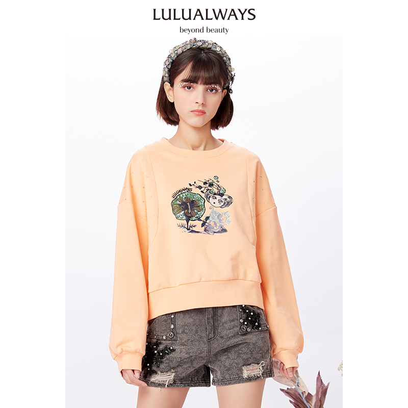 LULUALWAYS秋季青春印花拼接卫衣长袖T恤女