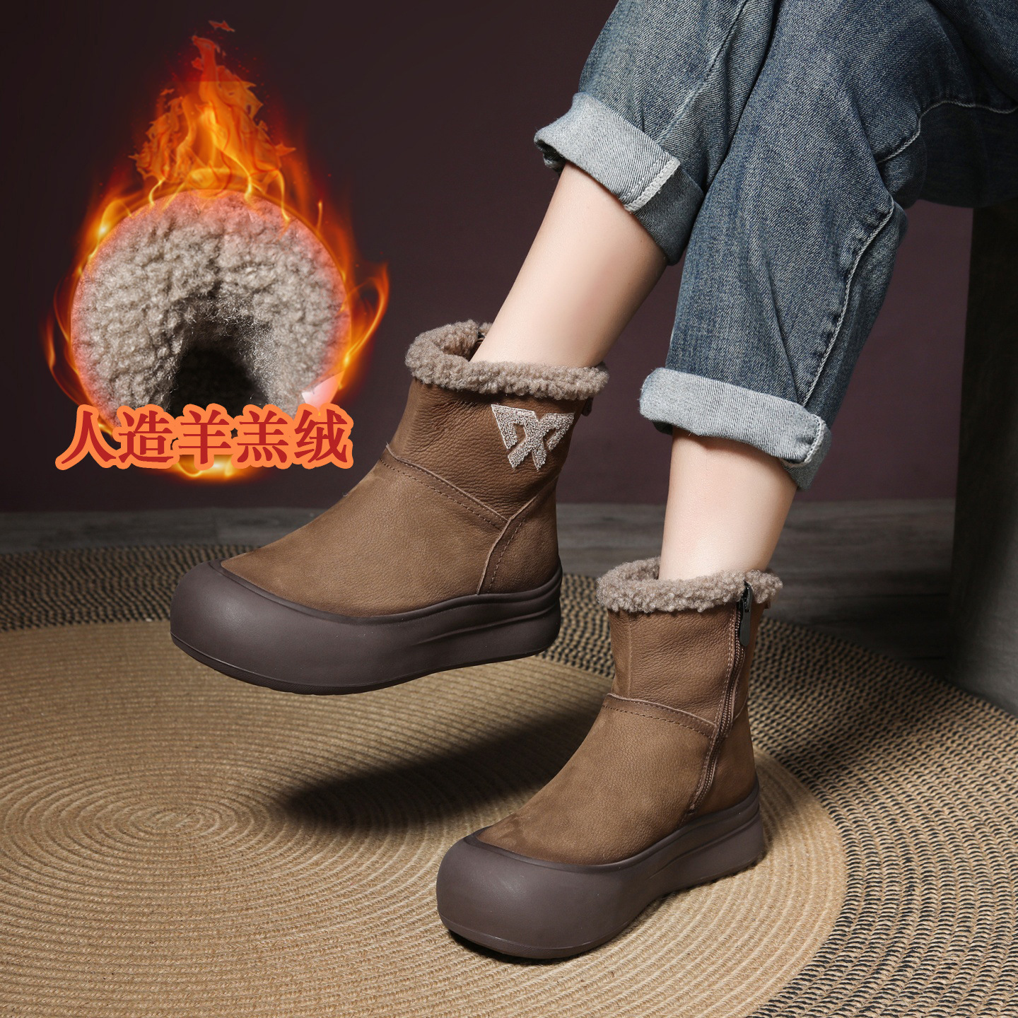 真皮舒适软底马丁靴雪地靴女2025冬新款真皮复古加绒加厚保暖棉鞋