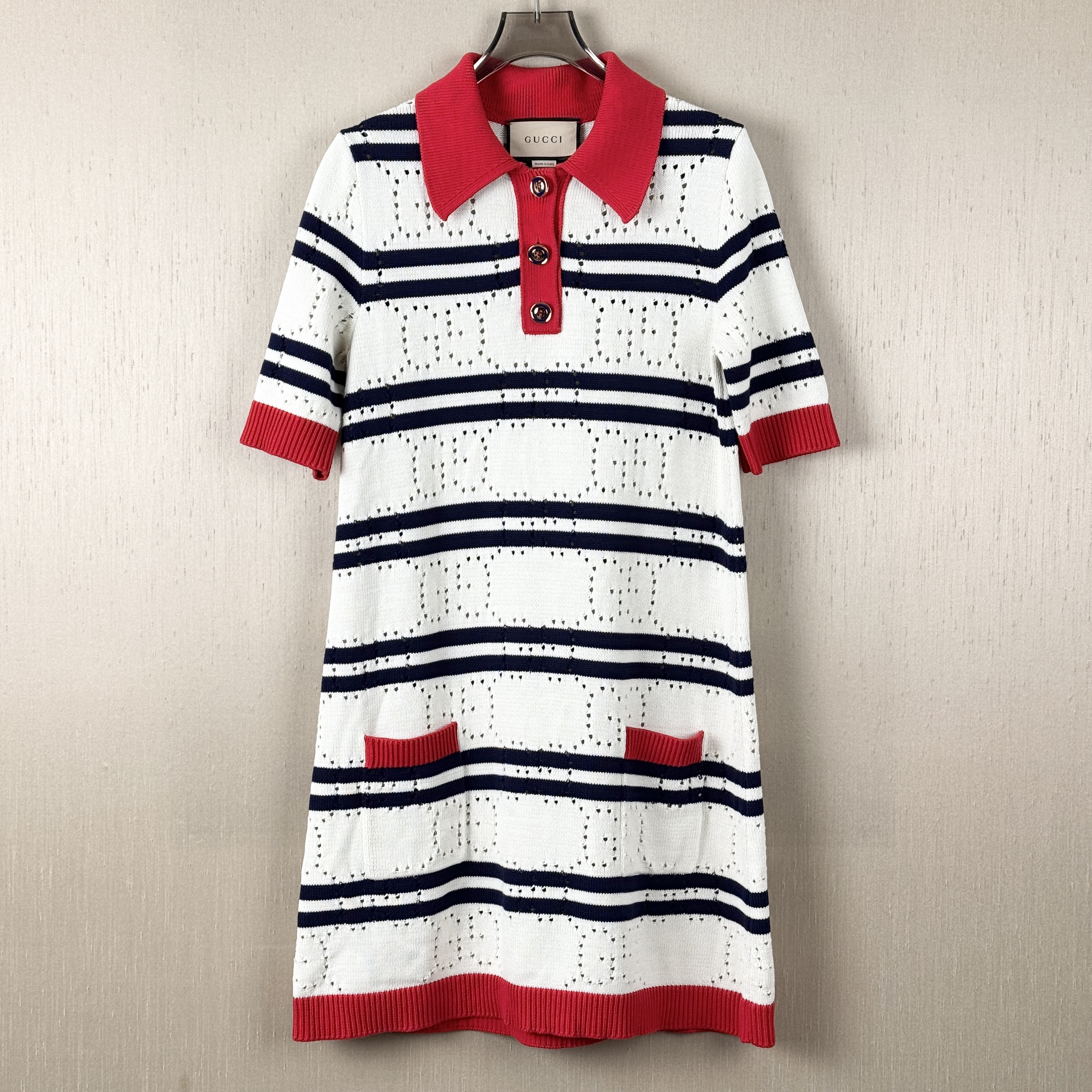 未使用 GUCCI/古驰 双G针织条纹polo连衣裙/S码