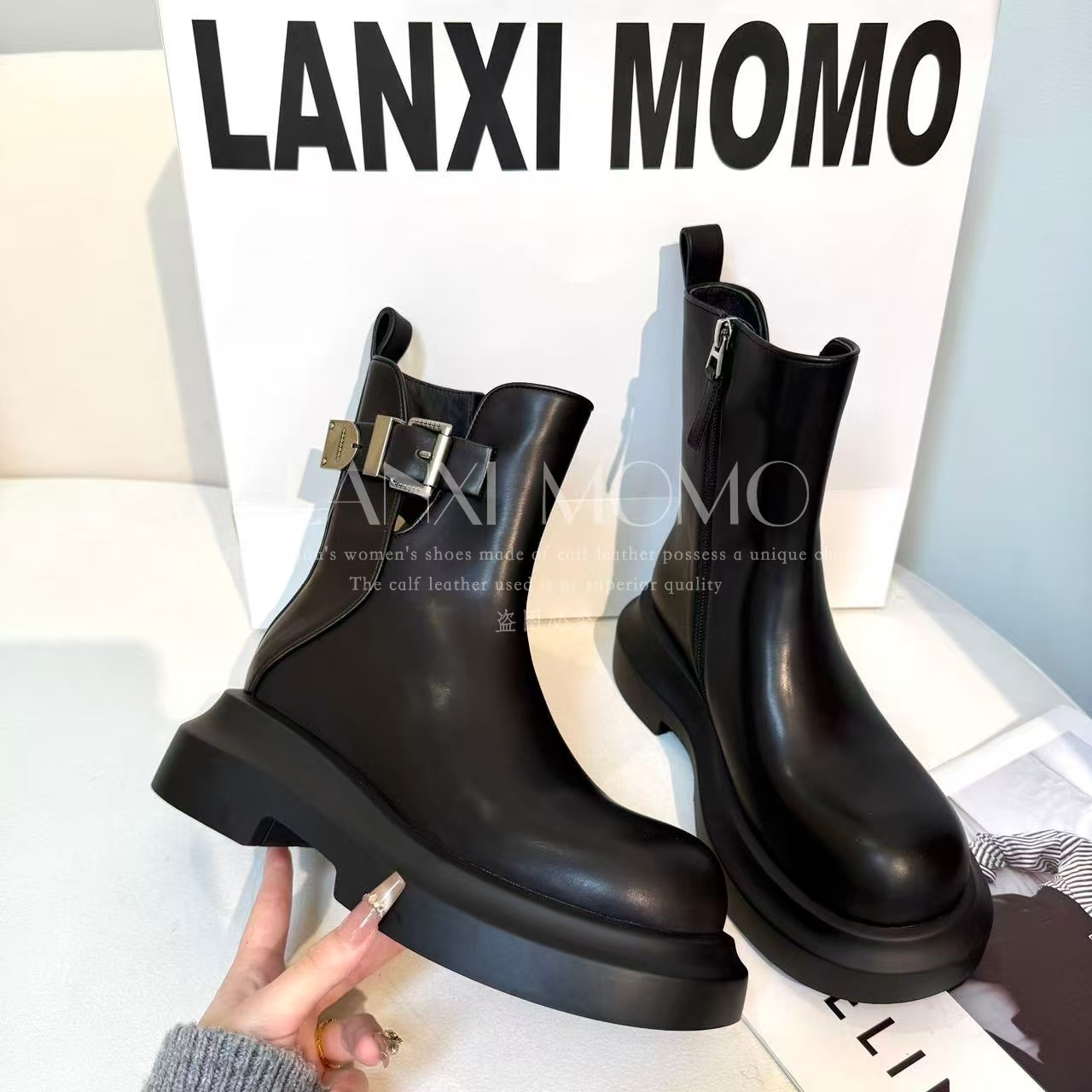  【LANXI  MOMO】时尚百搭黑色厚底英伦风秋冬圆头短靴25XZ746LX