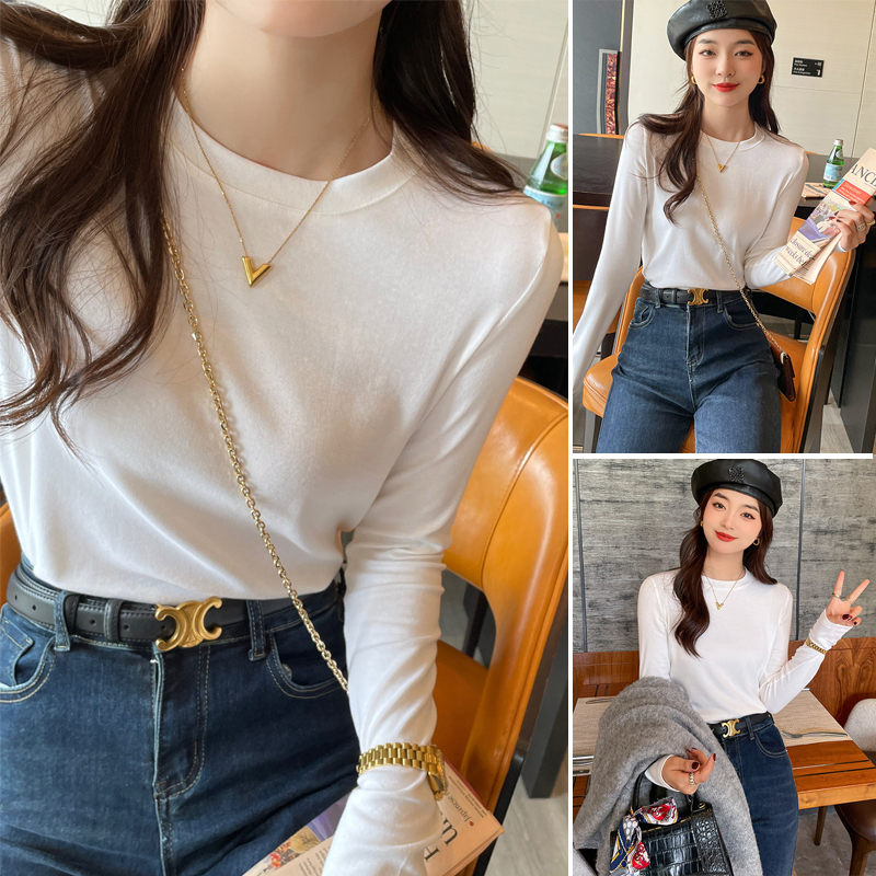 【加绒/不加绒】精梳棉圆领长袖T恤女上衣打底衫修身保暖洋气胖MM潮