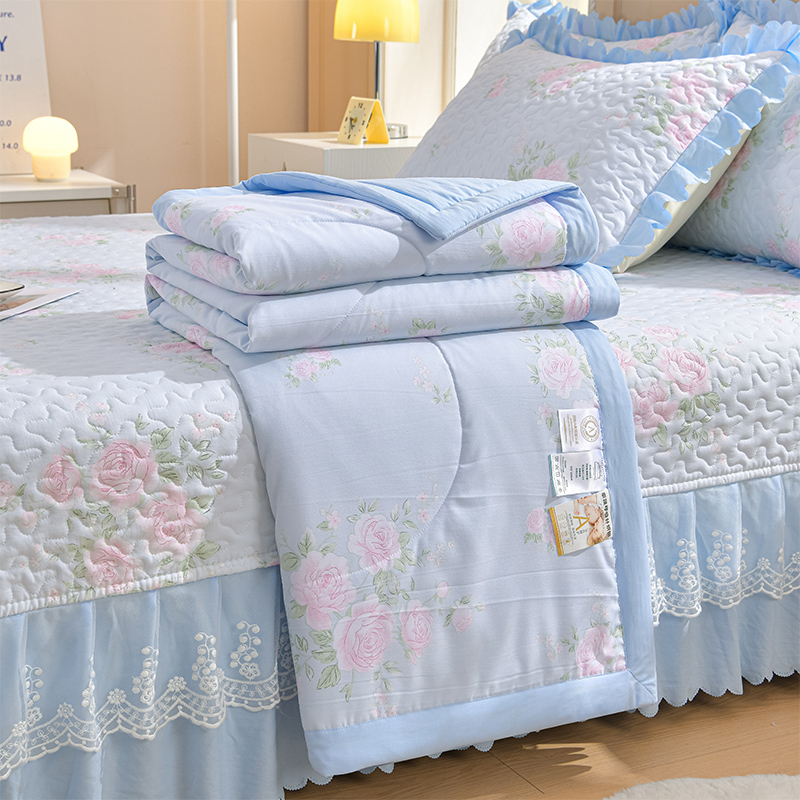 床盖四件套夏季新款印花凉感空调被蕾丝花边夏凉被四件套可机洗