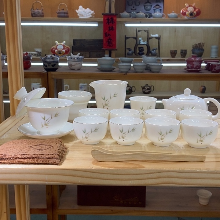 竹报平安羊脂玉茶具套装