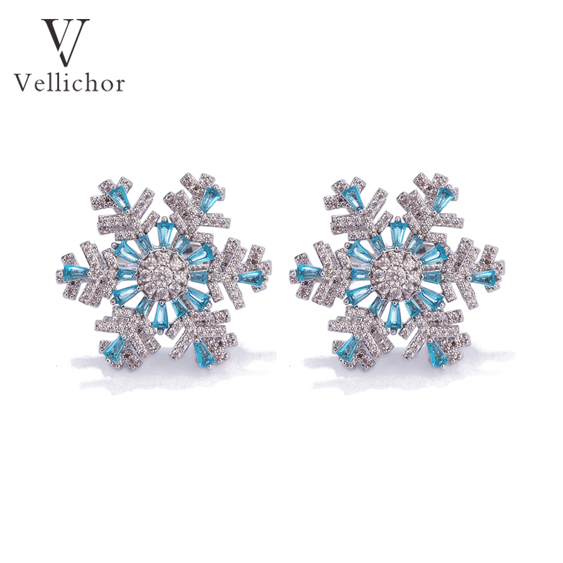 铜合金耳饰 原创设计唯美旋转雪花耳钉女士蓝色高档耳环耳饰