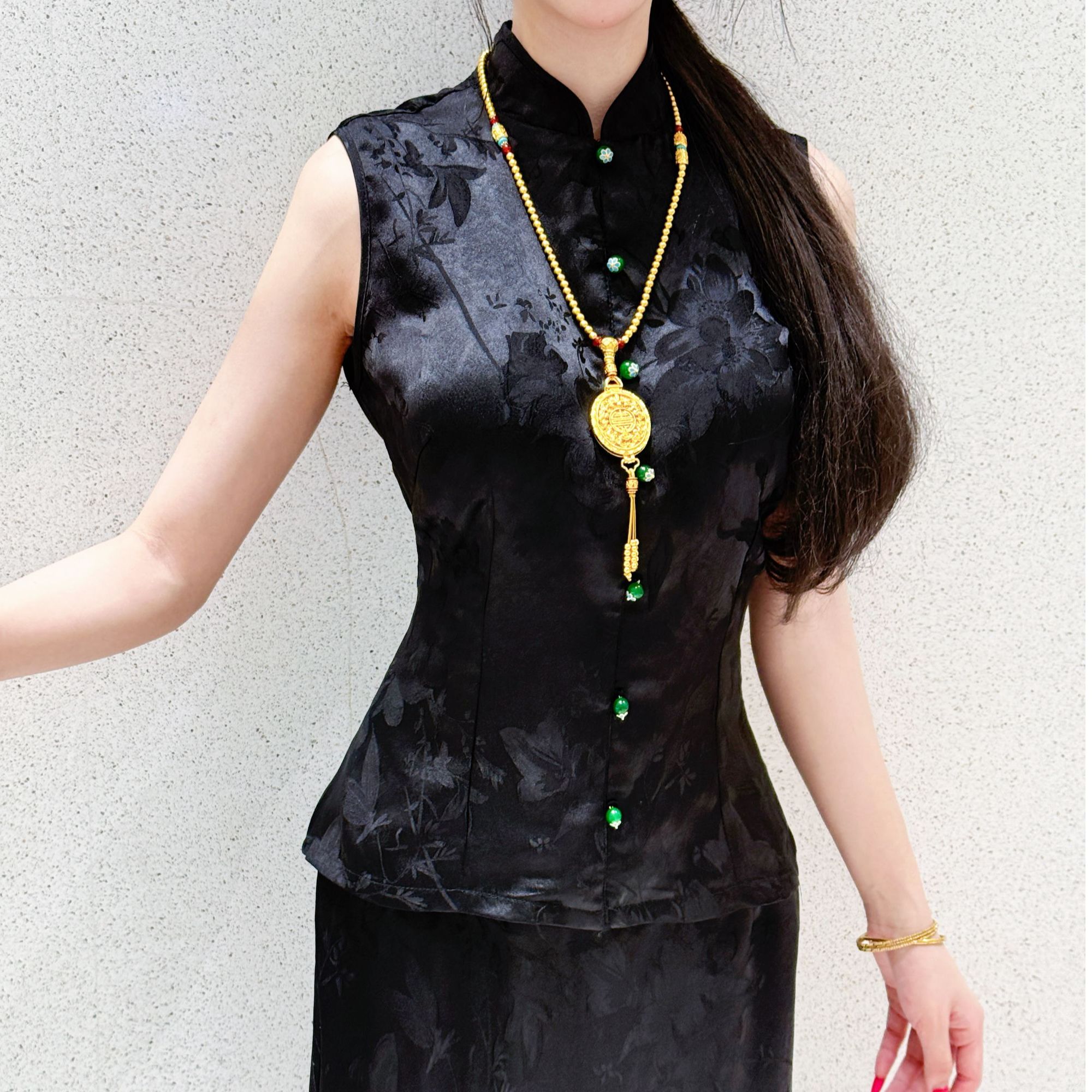 LHMknk1画报夫人原创自制夏季人丝显瘦国风新中式旗袍两件套 序黑