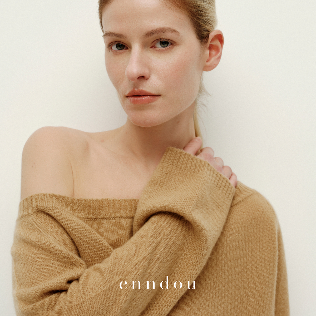 enndou100%纯山羊绒上衣女斜肩一字肩初春廓形设计感套头衫针织衫