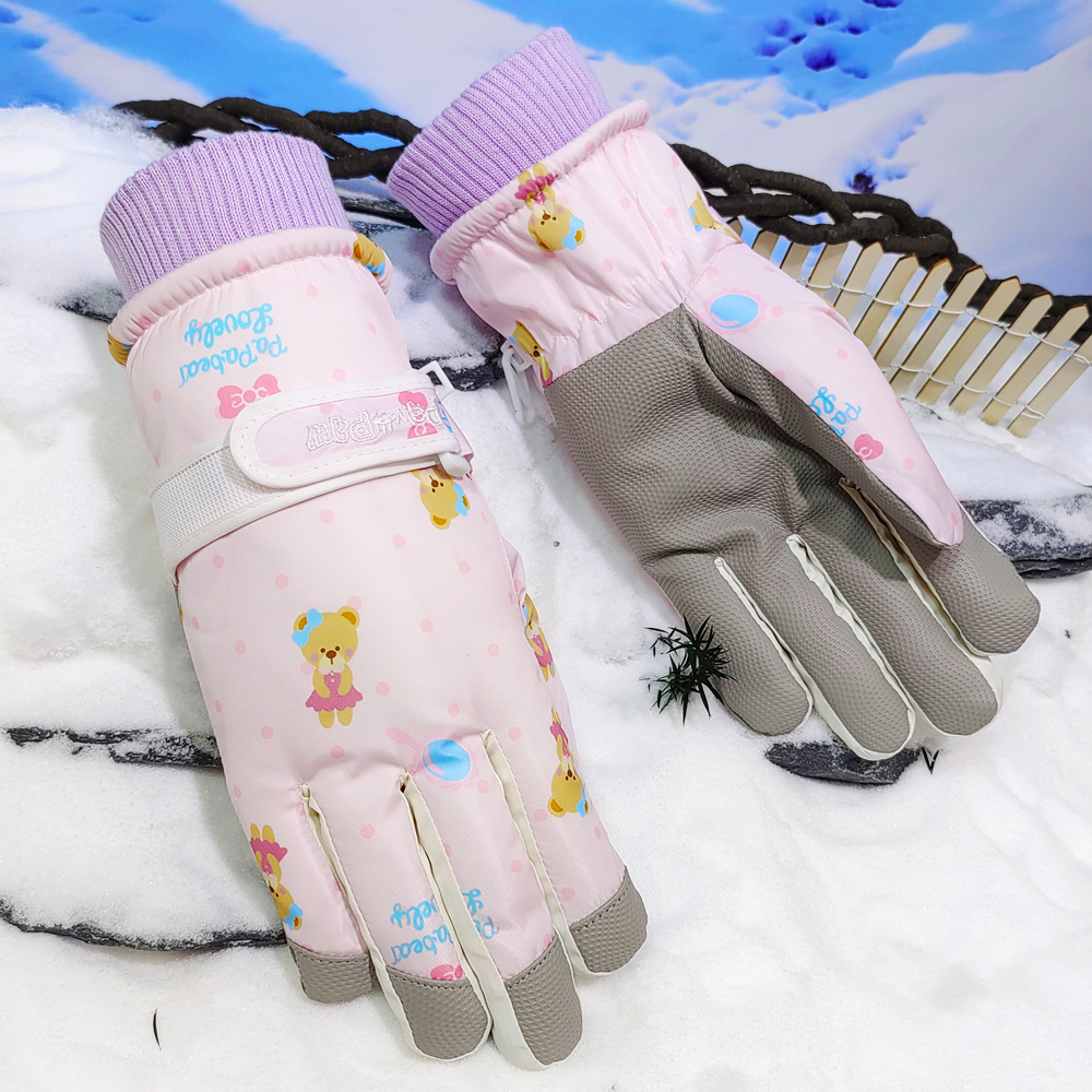 秋冬季小熊滑雪手套女成人加绒加厚保暖防寒可触屏棉手套防风防水
