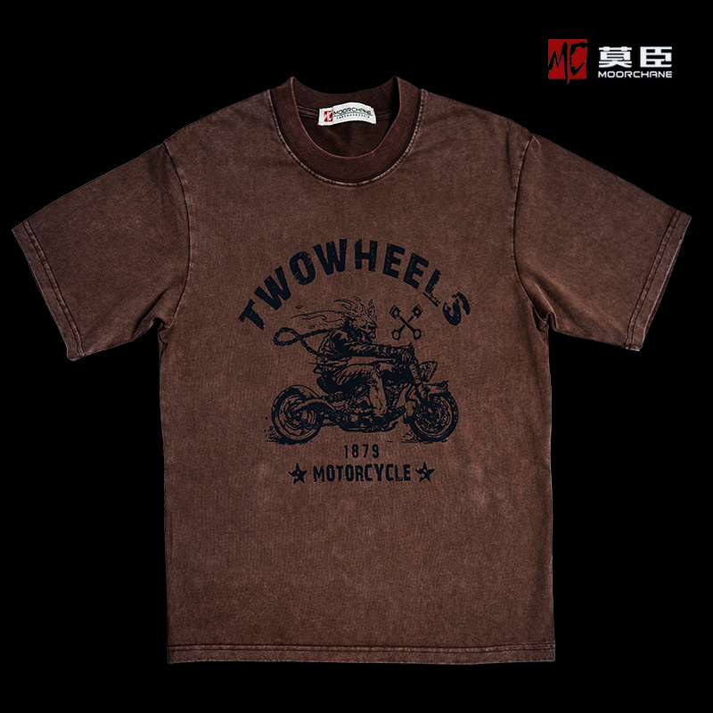 260g美式复古重磅纯棉短袖T恤男女潮牌摩托车手印花春秋内搭83501
