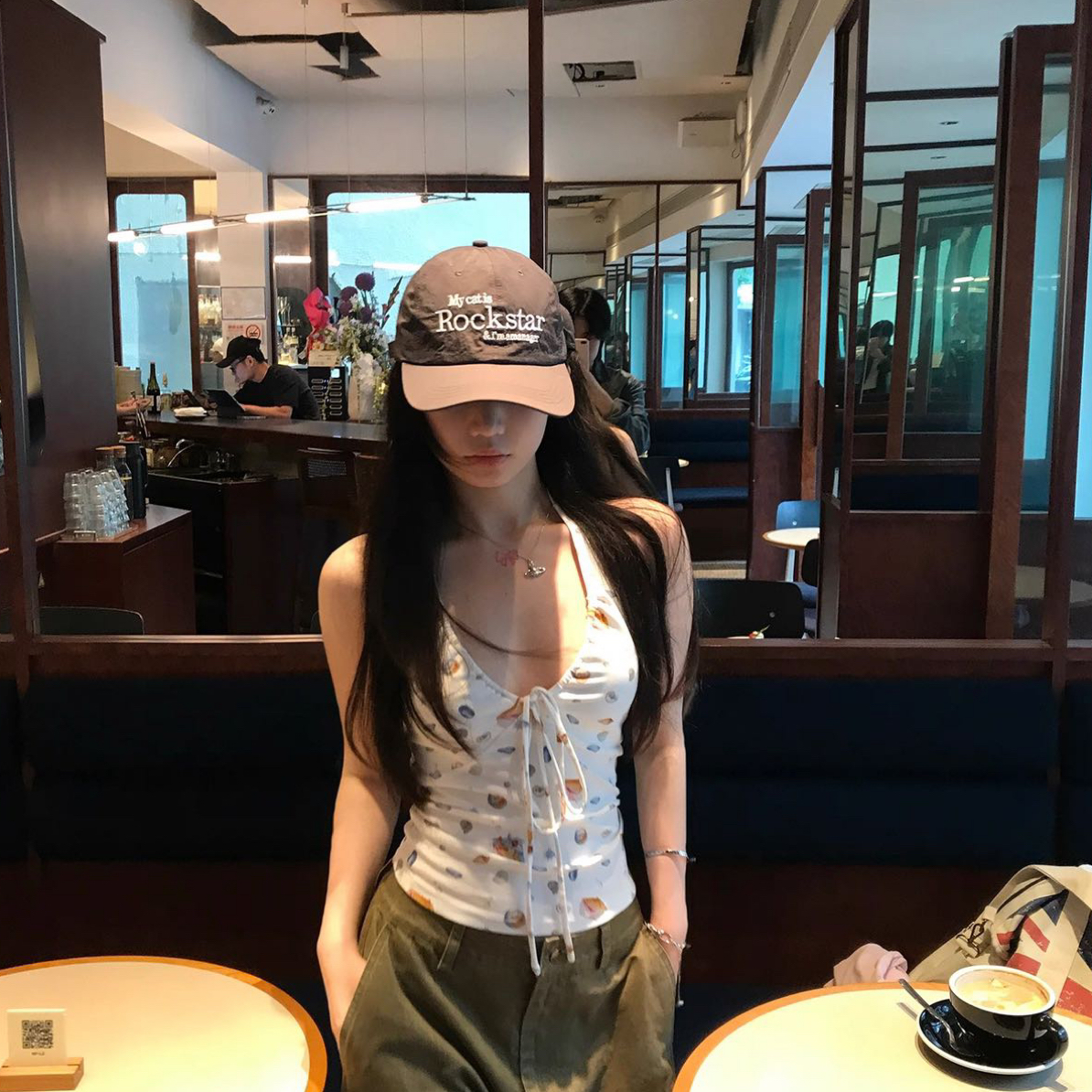 夏季新款纯欲风贝壳印花绑带设计挂脖吊带背心女外穿百搭上衣