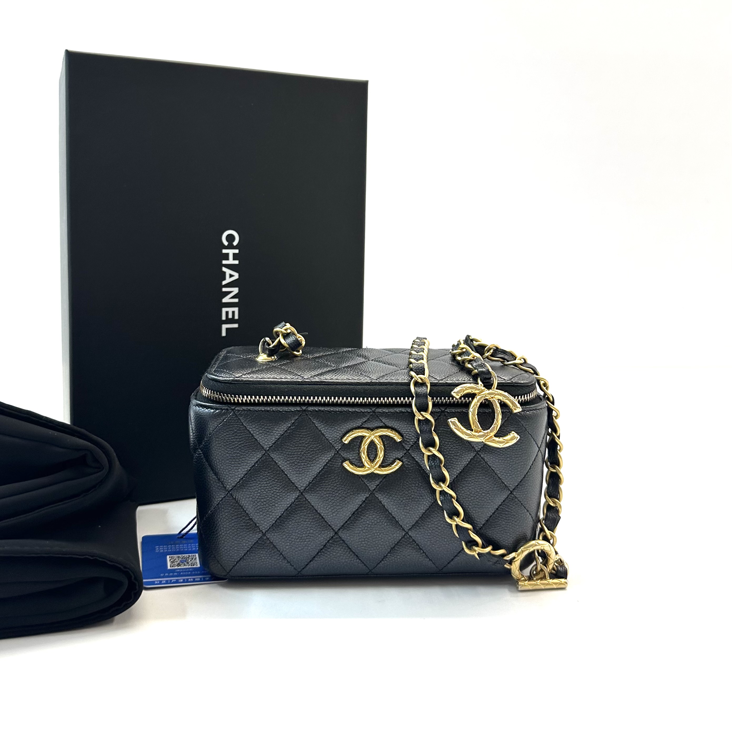 95新 Chanel/香奈儿 98新 24S 金扣 珠光黑荔枝纹牛皮化妆盒子包