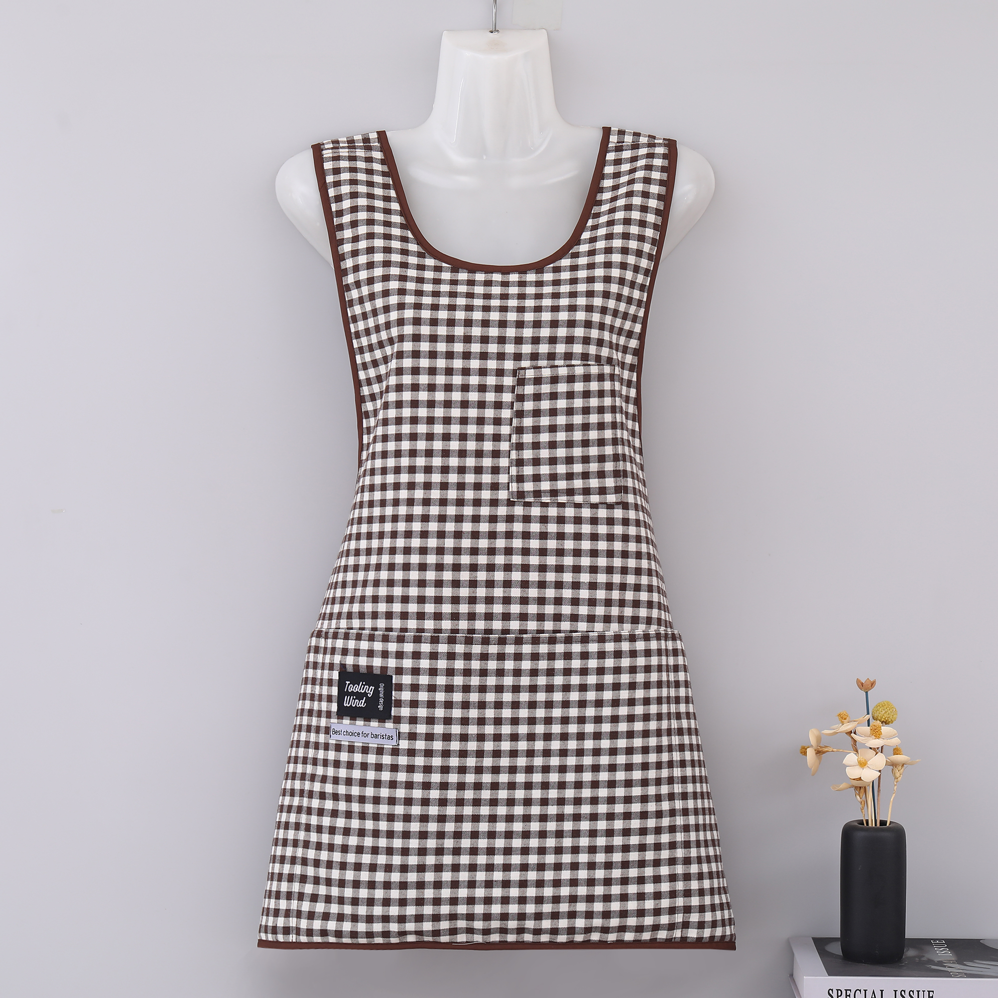 春季新品小个子短款围裙棉布格子交叉带多口袋舒适透气耐脏围腰