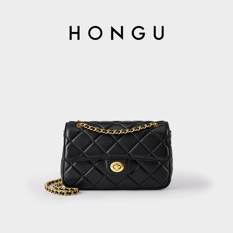 HONGU/红谷时尚新款羊皮女士小香风单肩菱格包方胖子女包H5155889