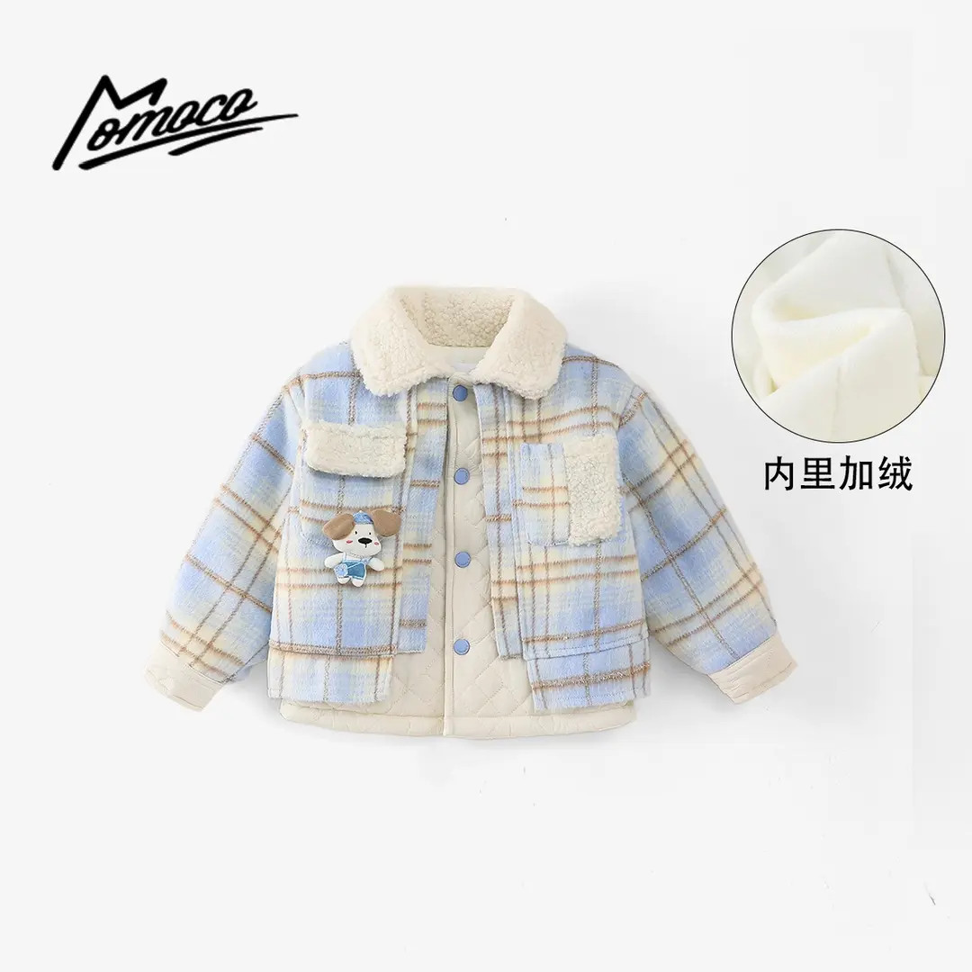 MOMOCO冬季新款儿童格子小狗毛领假两件加绒外套男宝77430107063