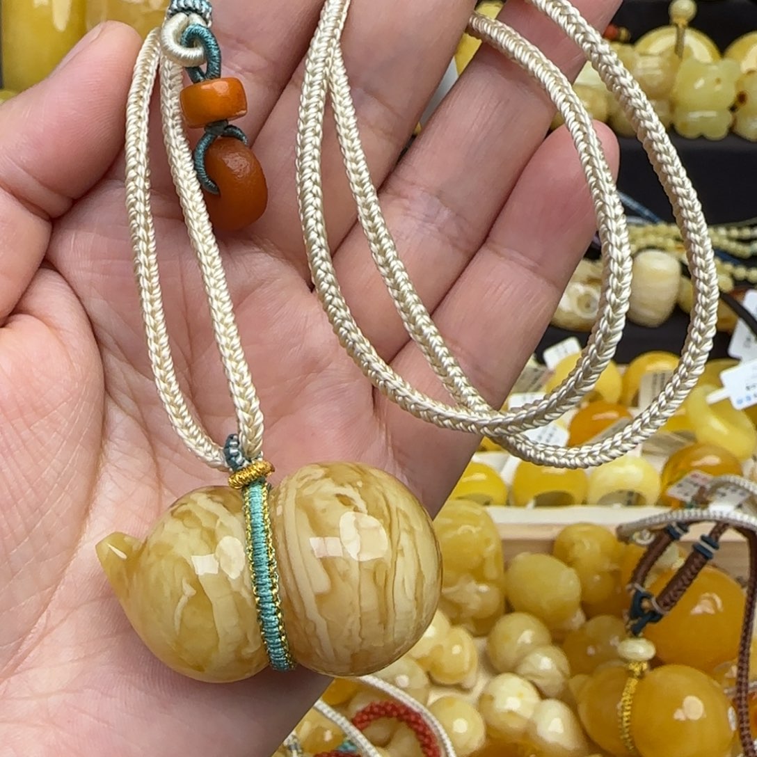 琥珀套链未镶嵌天然俄料虎皮妖花蜜蜡葫芦吊坠