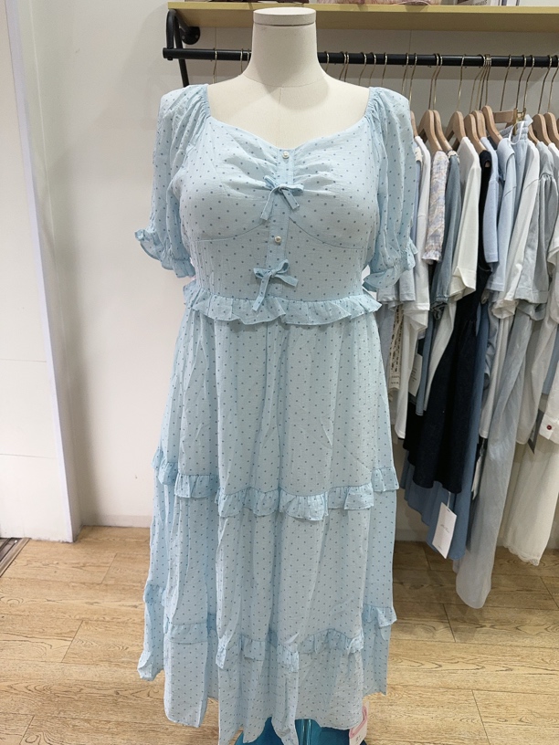 蓝色波点显瘦百搭大码连衣裙蝴蝶结淑女蛋糕裙