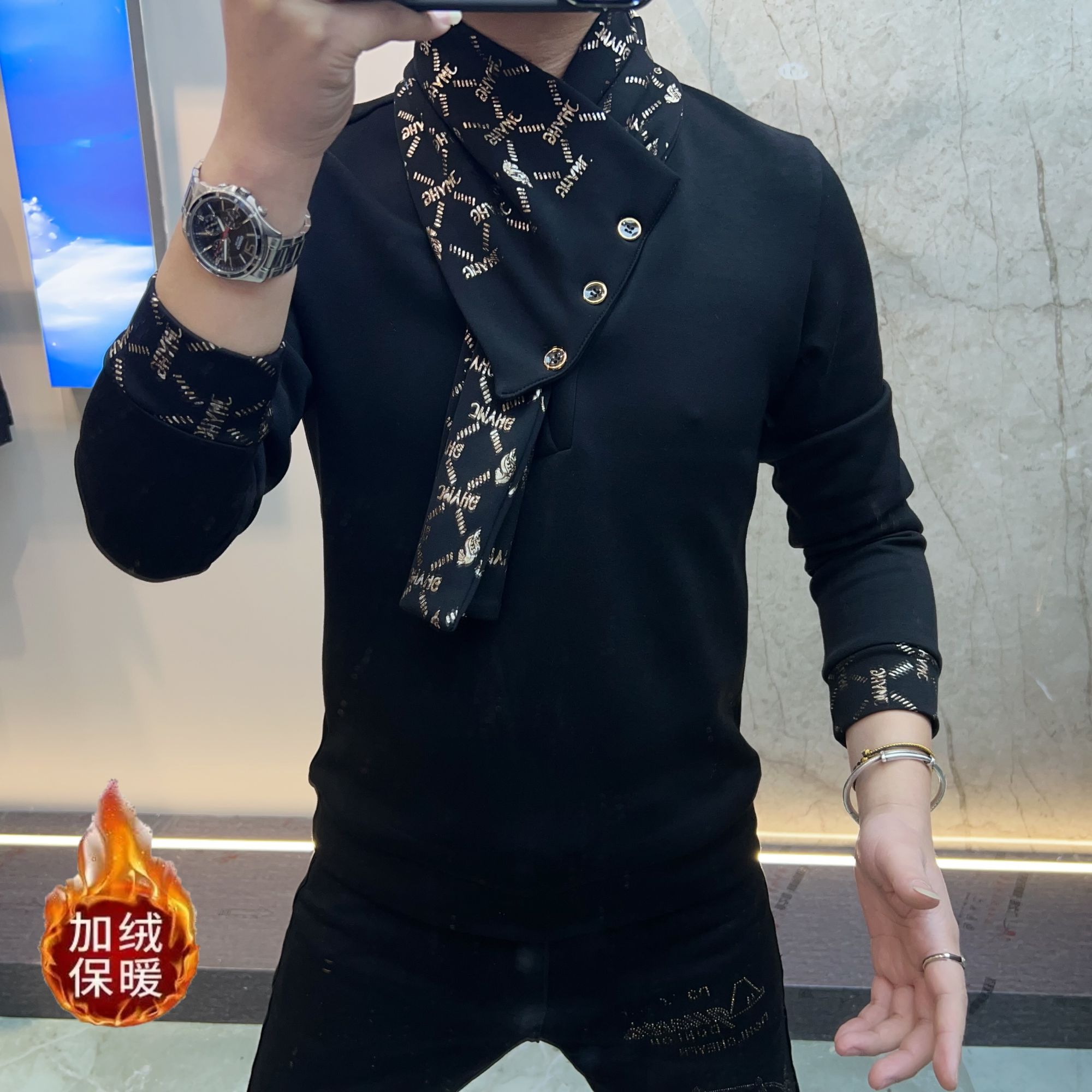 <围巾领>欧货男装休闲圆领轻奢空气层款百搭透气上衣潮流修身型