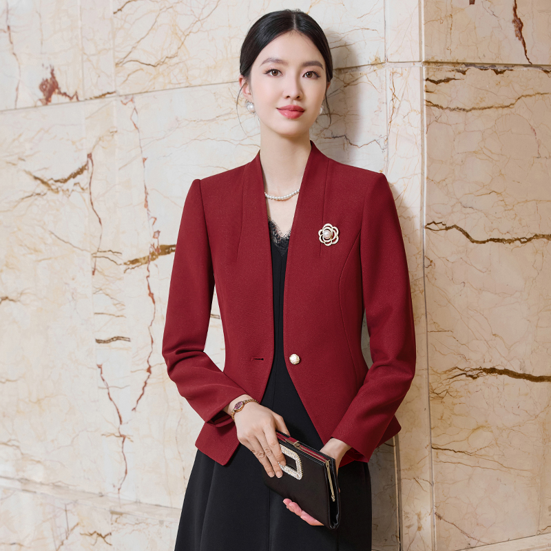 酒红色无领西装外套女2025秋冬新款高级感职业时尚修身小西服上衣