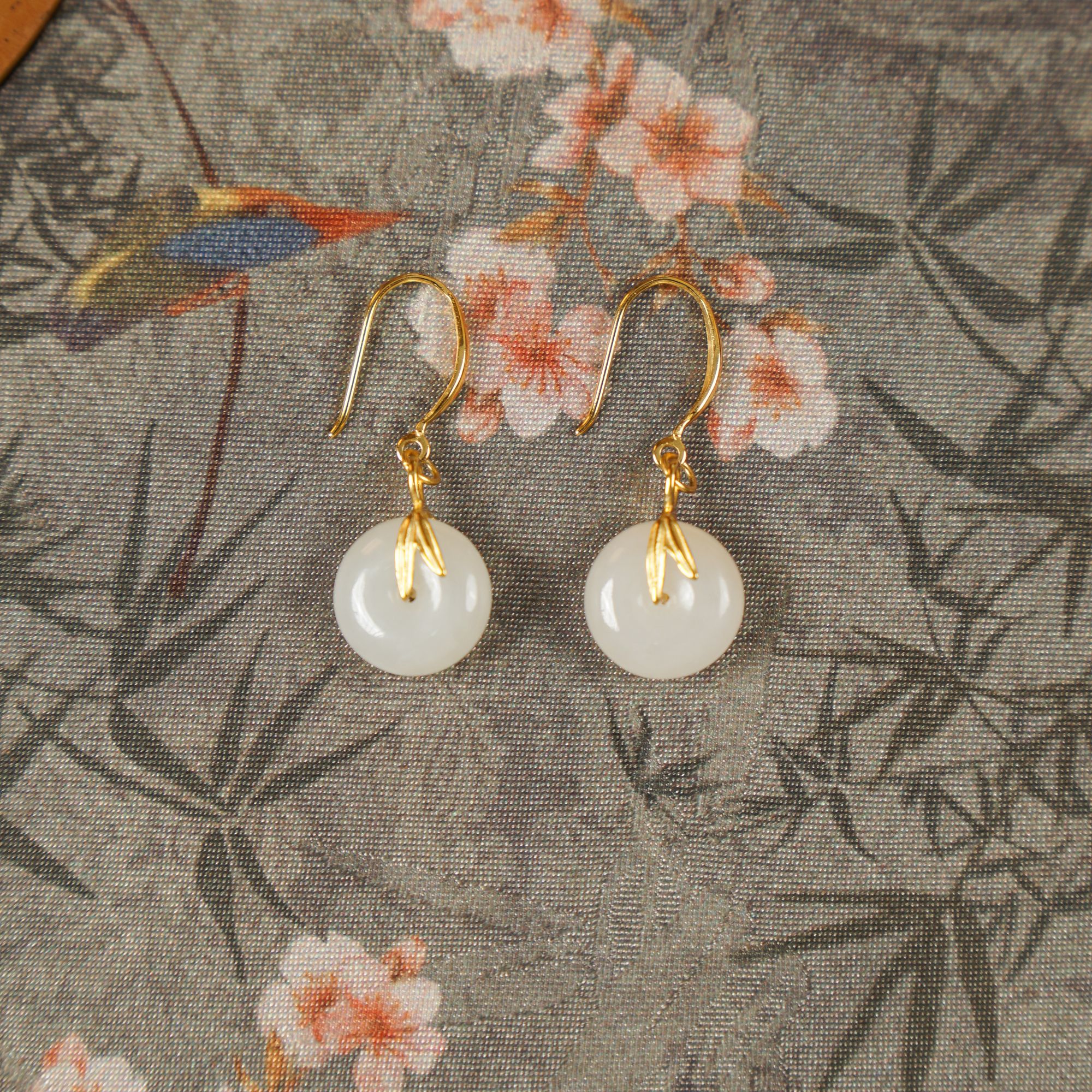 和田白玉竹叶平安扣耳钩S925银镶精致耳环手工气质时尚国风