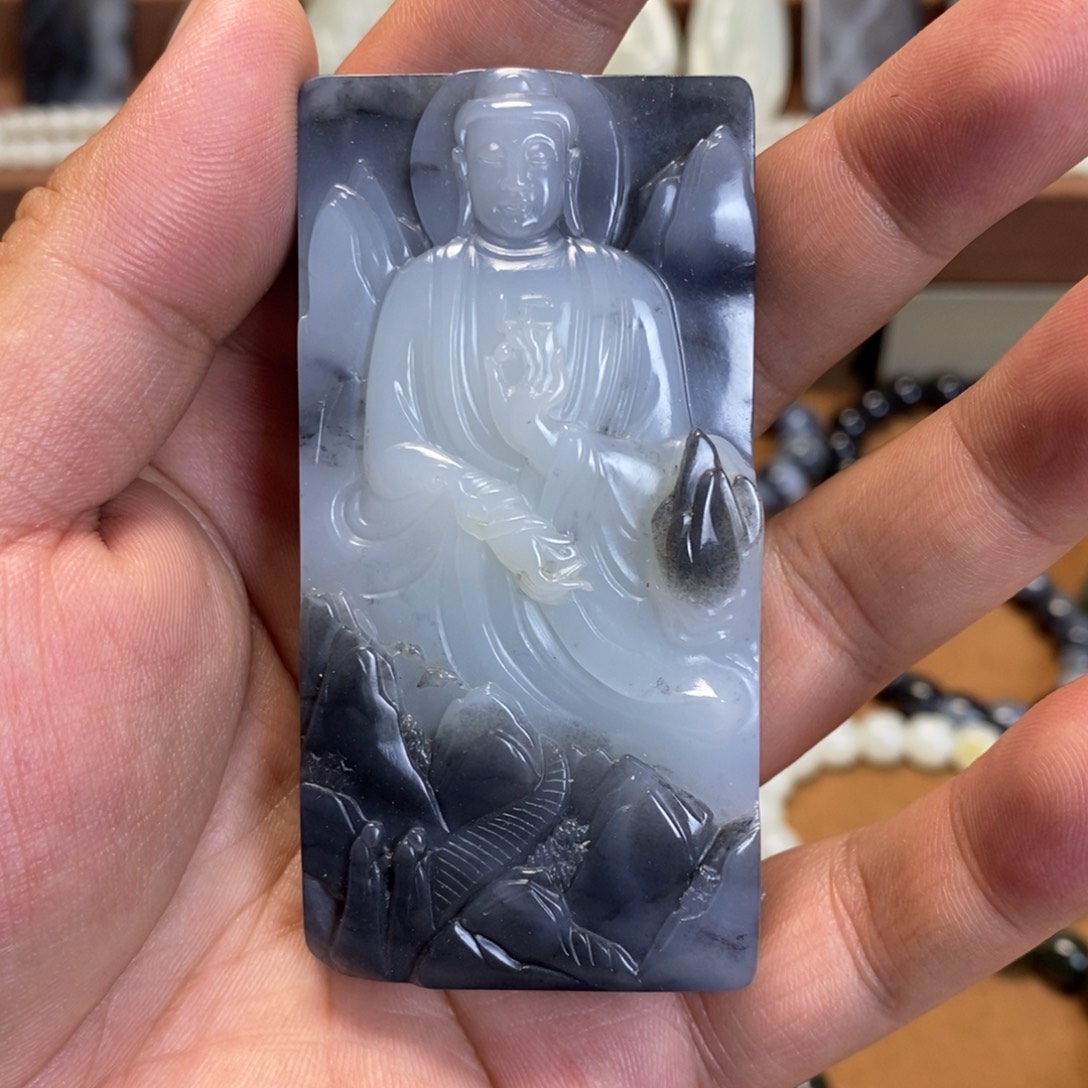 未镶嵌和田玉把件新疆和田玉青花黑白大日如来手把件