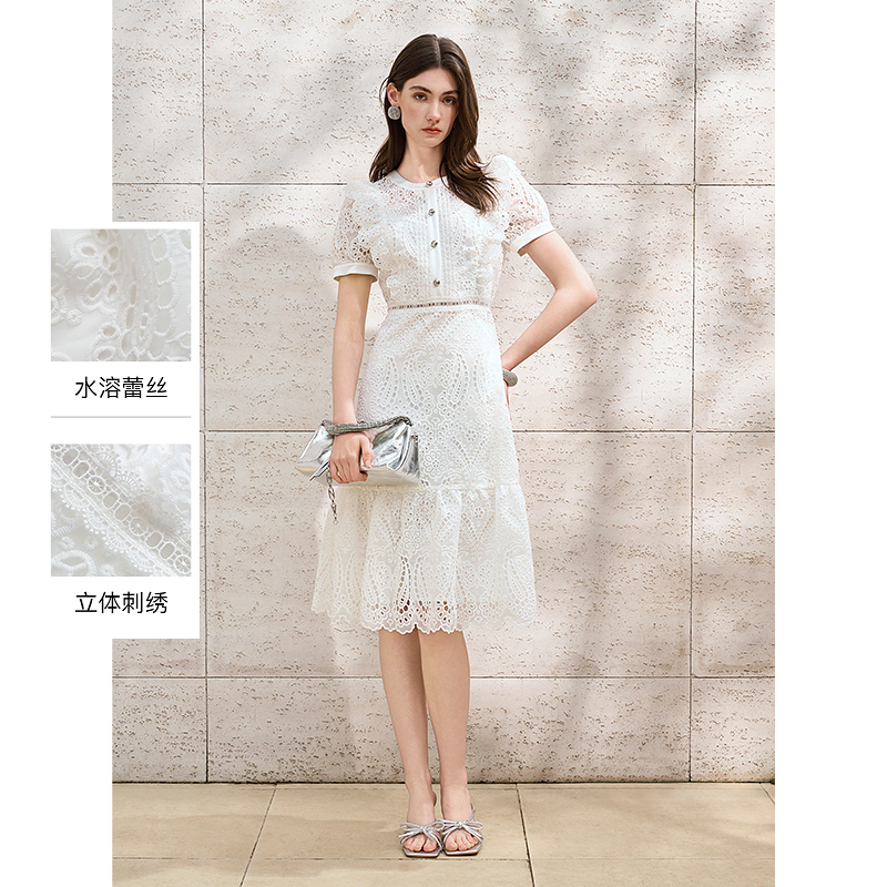 【诗语专属】恩曼琳25春季新款荷叶边泡泡袖收腰绣花蕾丝连衣裙EANF