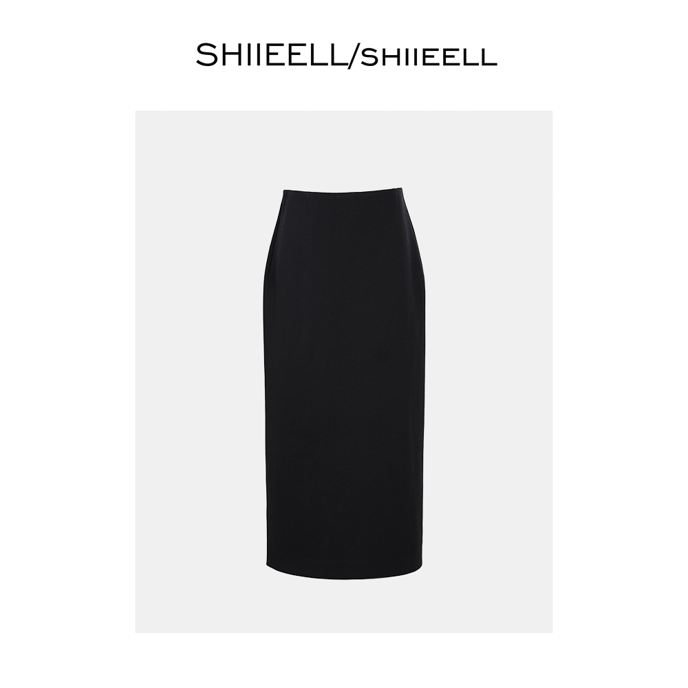 SHIIEELL黑色夏季高智感醋纤混纺垂顺弹力修身直筒半身裙女WY079