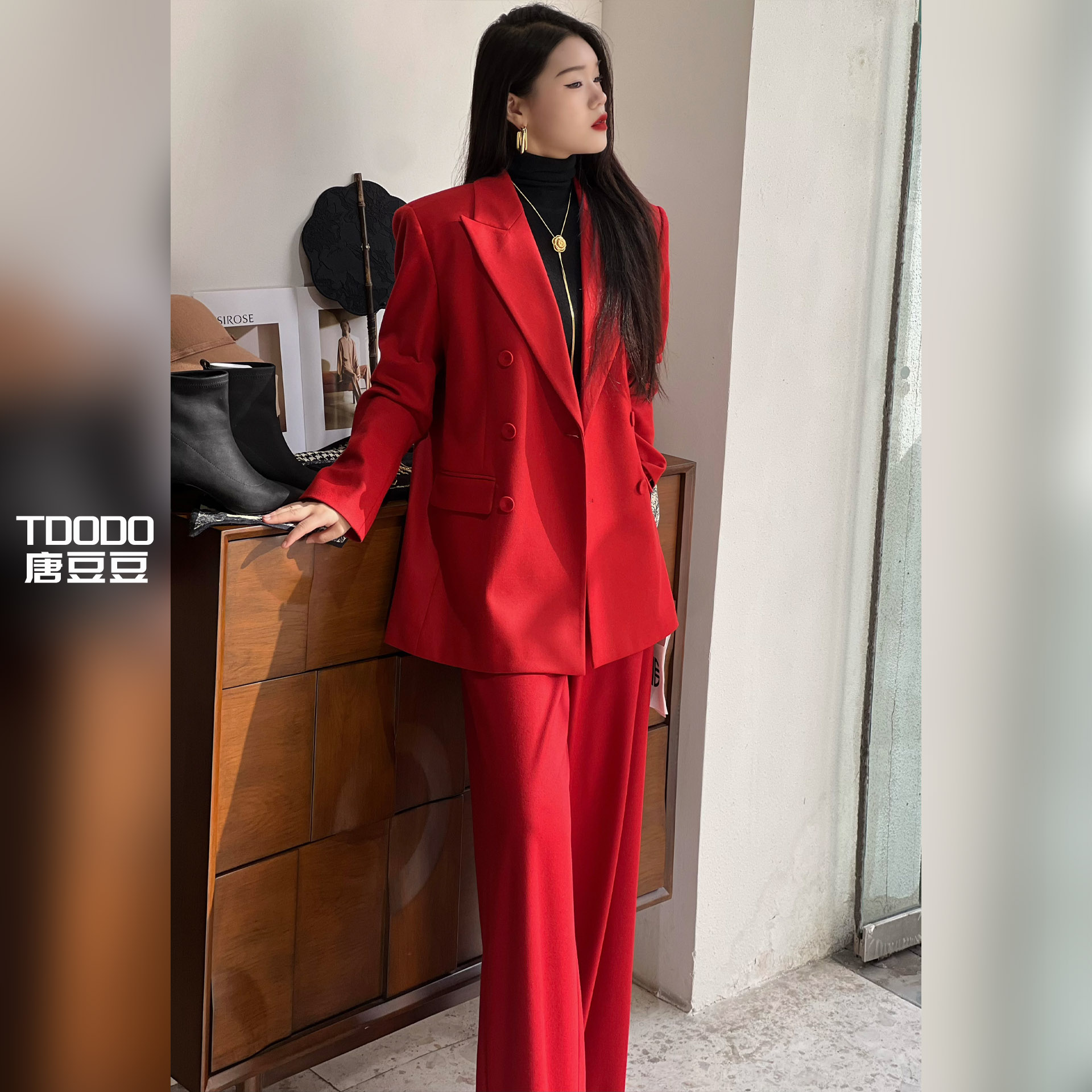 【TDWG】经典时尚枪驳领西服套装双排扣红色套装
