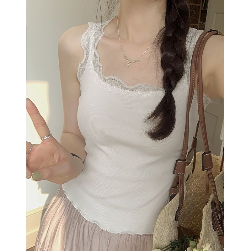打底黑猫+2025夏季新款蕾丝少女感拼接吊带短款背心遮副乳无袖