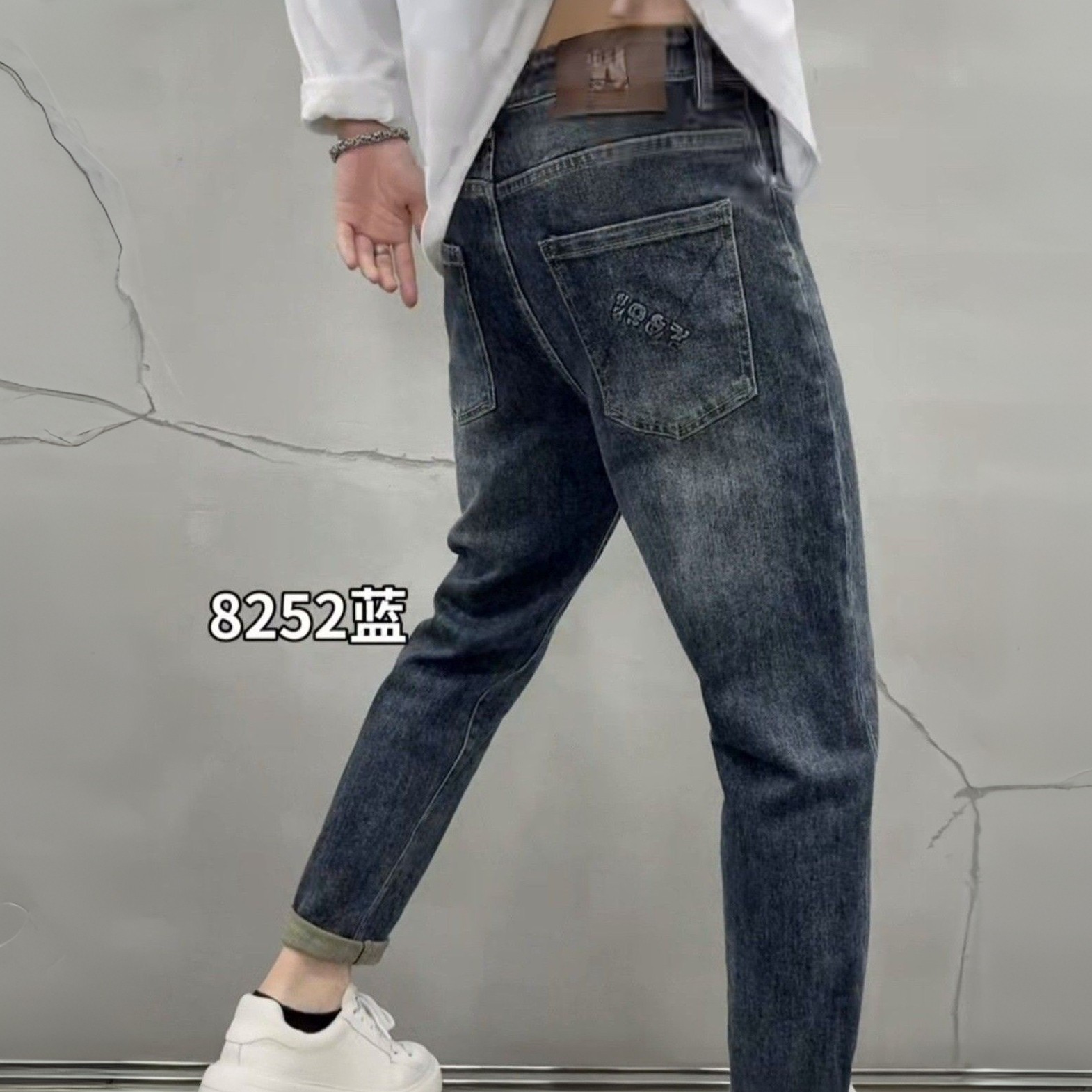 冬季新款男士牛仔裤复古水洗高弹力修身微锥小脚百搭保暖裤子