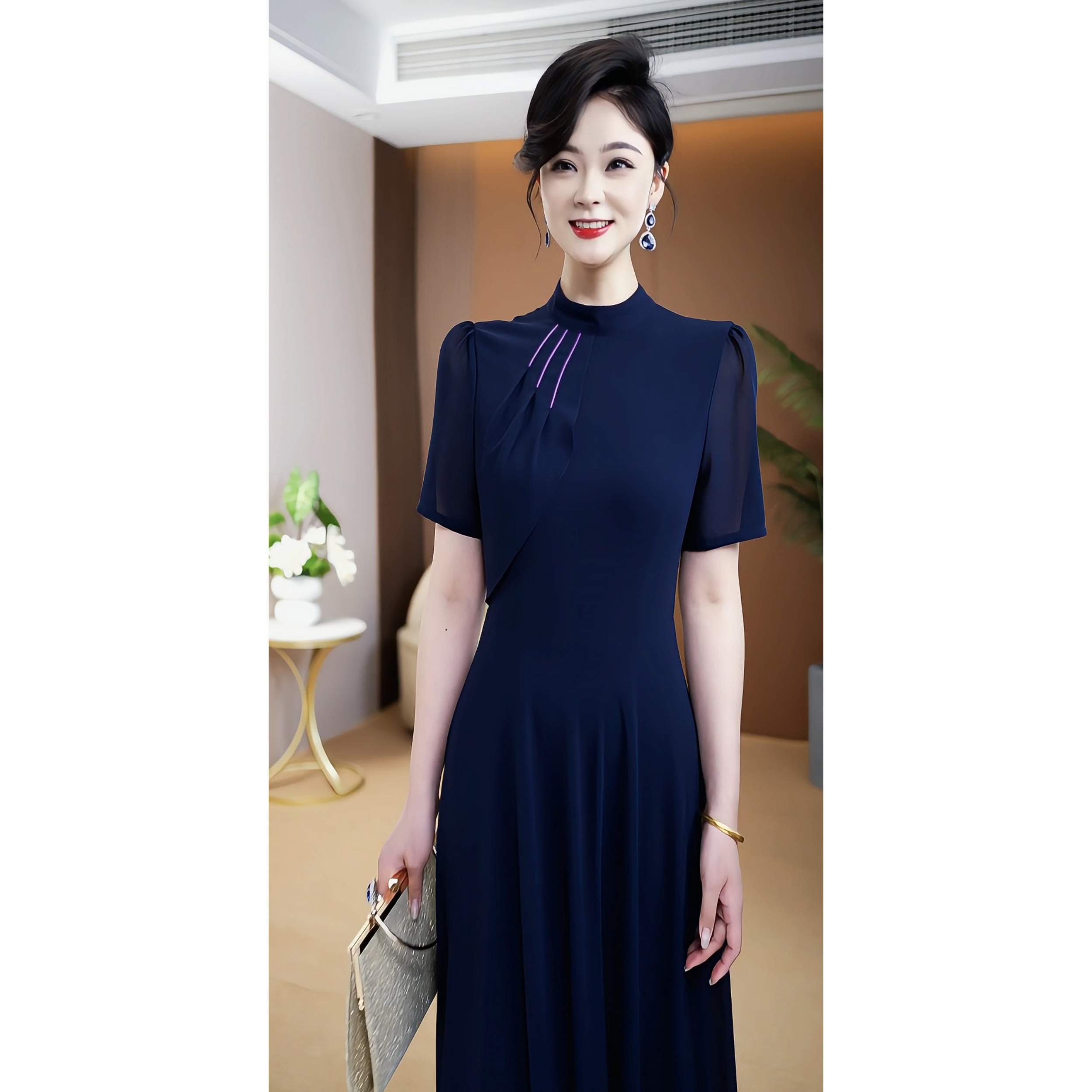 【现货】显白端庄藏蓝色连衣裙2025夏季新款显瘦设计感过膝长裙083