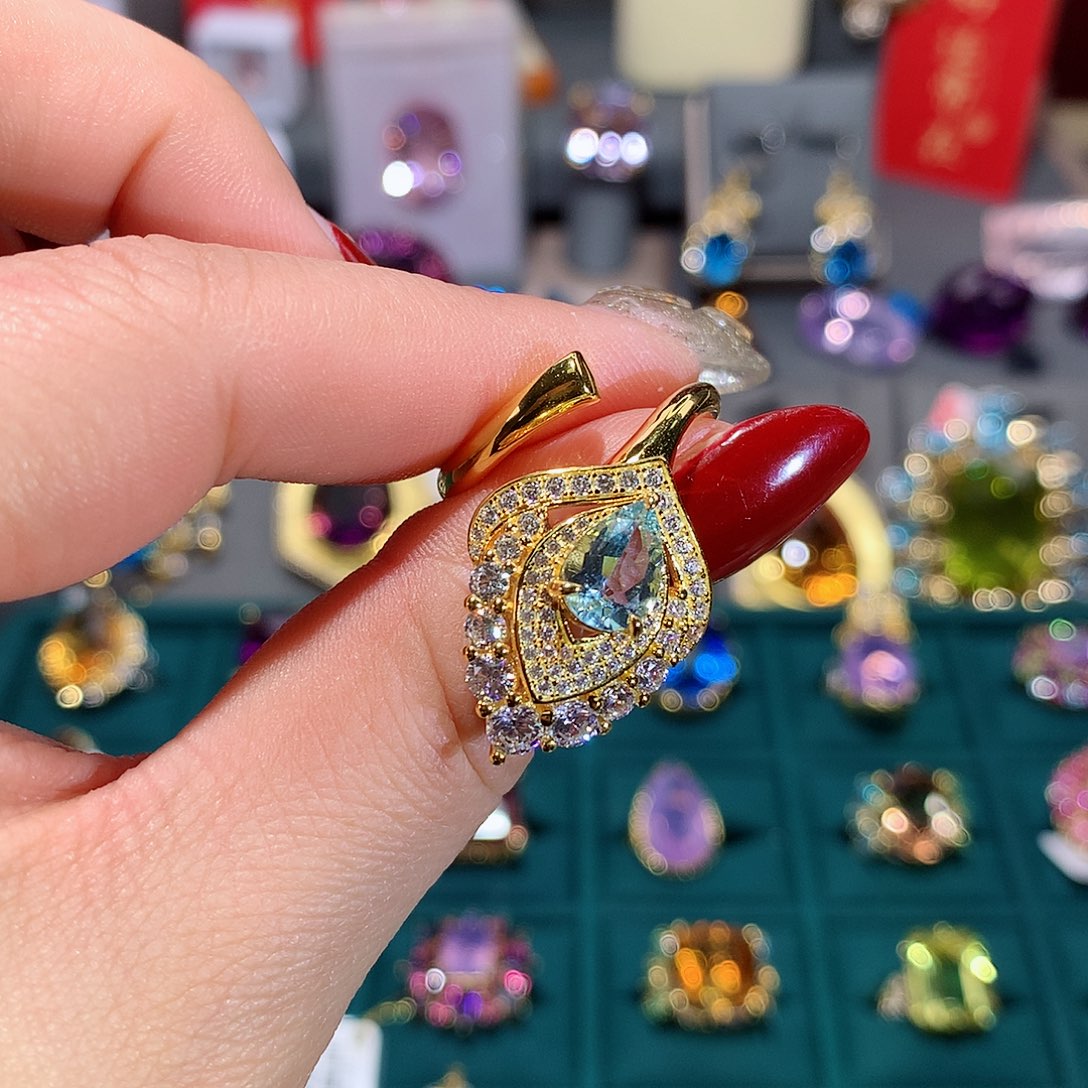 海蓝宝石戒指银S925镶嵌戒指