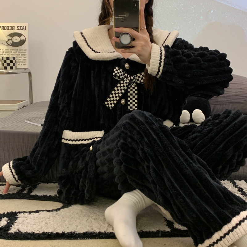 小香风提花绒开衫加绒加厚睡衣女法兰绒冬家居服套装