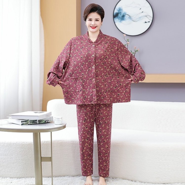 中老年人加绒加厚开衫保暖内衣套装妈妈秋冬居家休闲装大码老人
