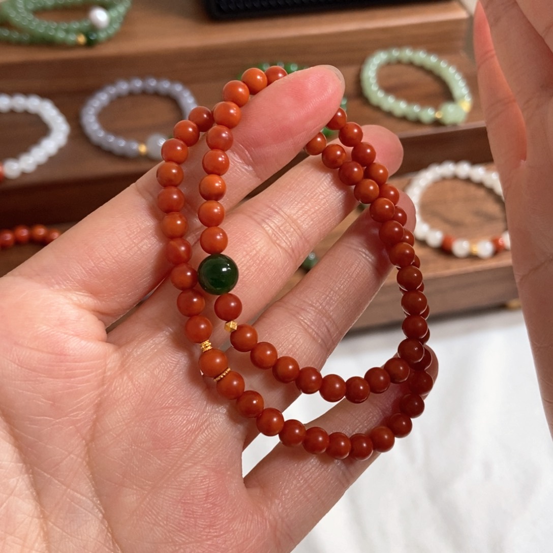 南红玛瑙手链18K金镶嵌5mm南红双圈