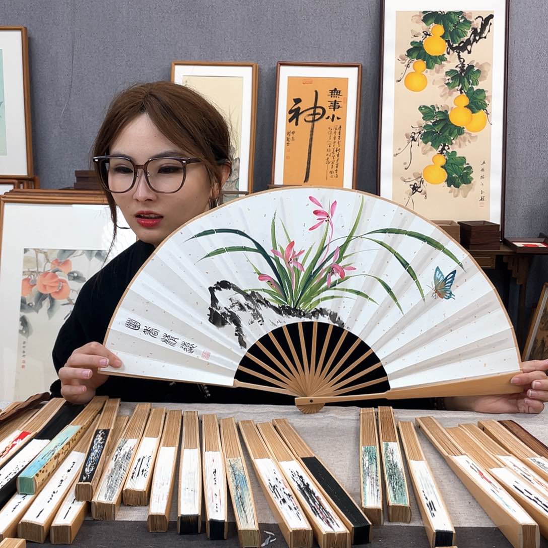 国画10寸玉竹-纯手绘-文玩扇骨（默认粘好）