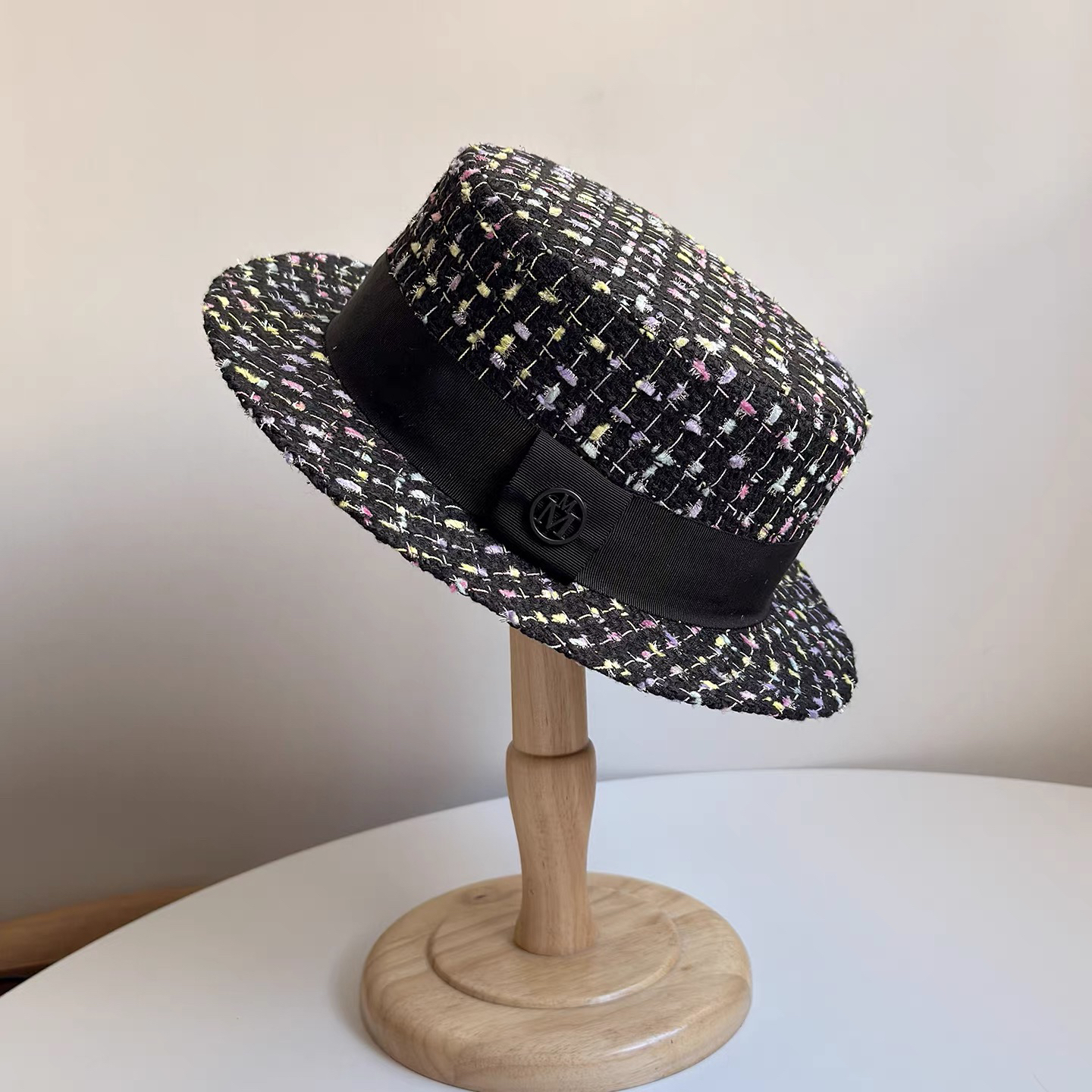 法式名媛小香风格粗花格纹混色平顶帽女英伦复古小檐平沿礼帽