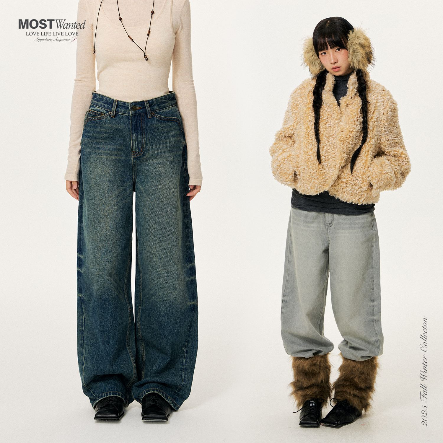 MOSTWANTEDLAB猫须扎花水洗阔腿收脚牛仔裤